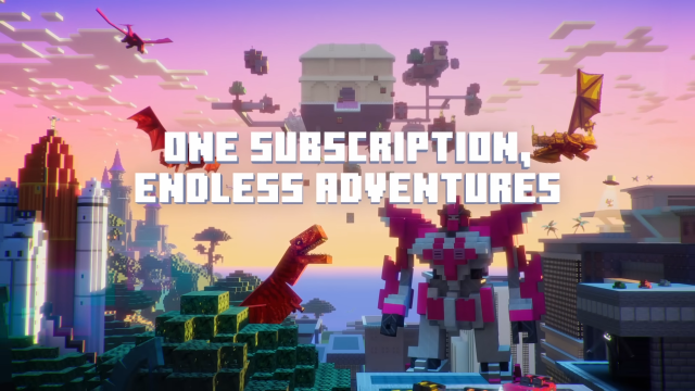 Some Minecraft Marketplace content including a massive robot, flying dragons, and a Dinosaur.