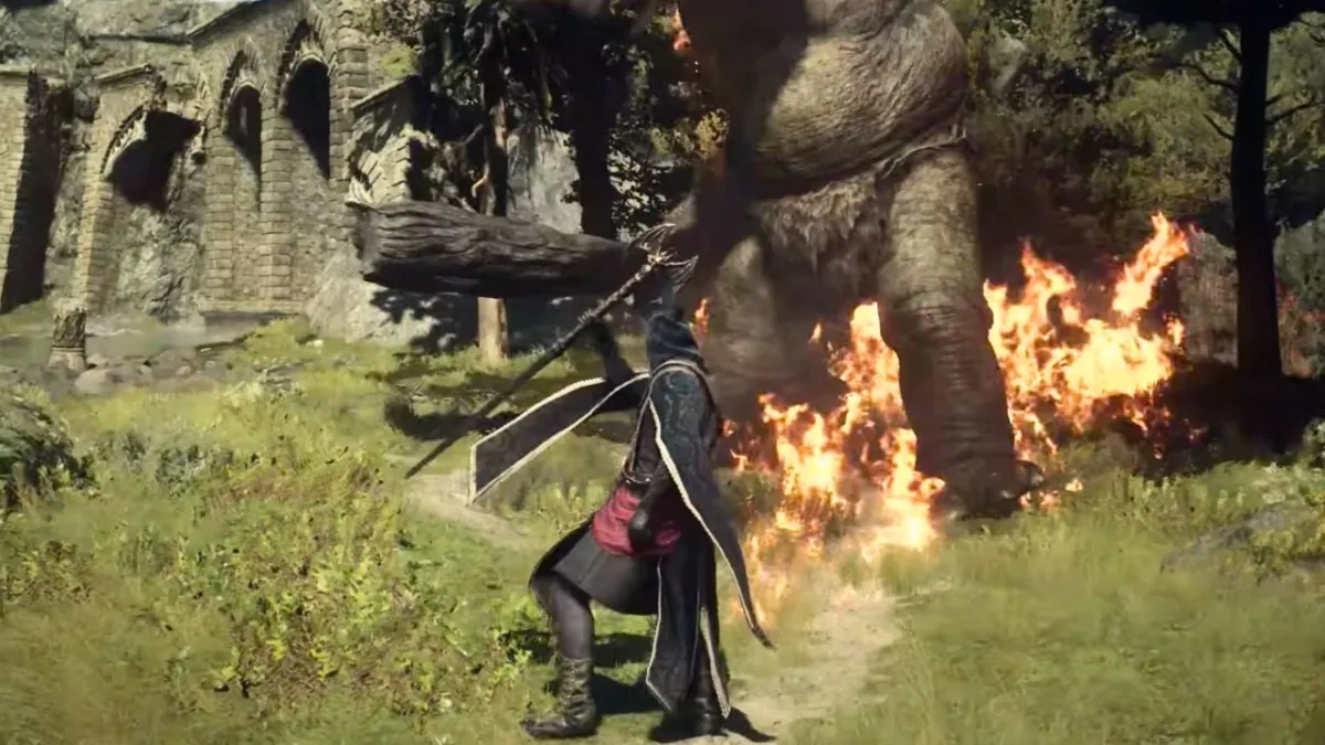 sorcerer taking on a monster with fire spell in dragons dogma 2
