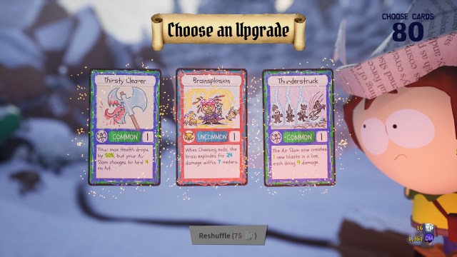A set of three Upgrade cards at Jimmy's in South Park: Snow Day!