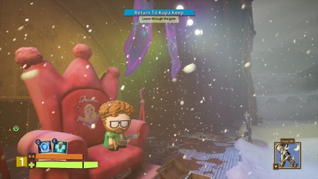 New Kid sitting on Princess Kenny's throne after defeating him in a boss battle in South Park: Snow Day!