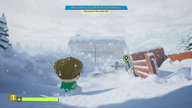 The South Park Community Center in South Park: Snow Day! with a truck to the right.