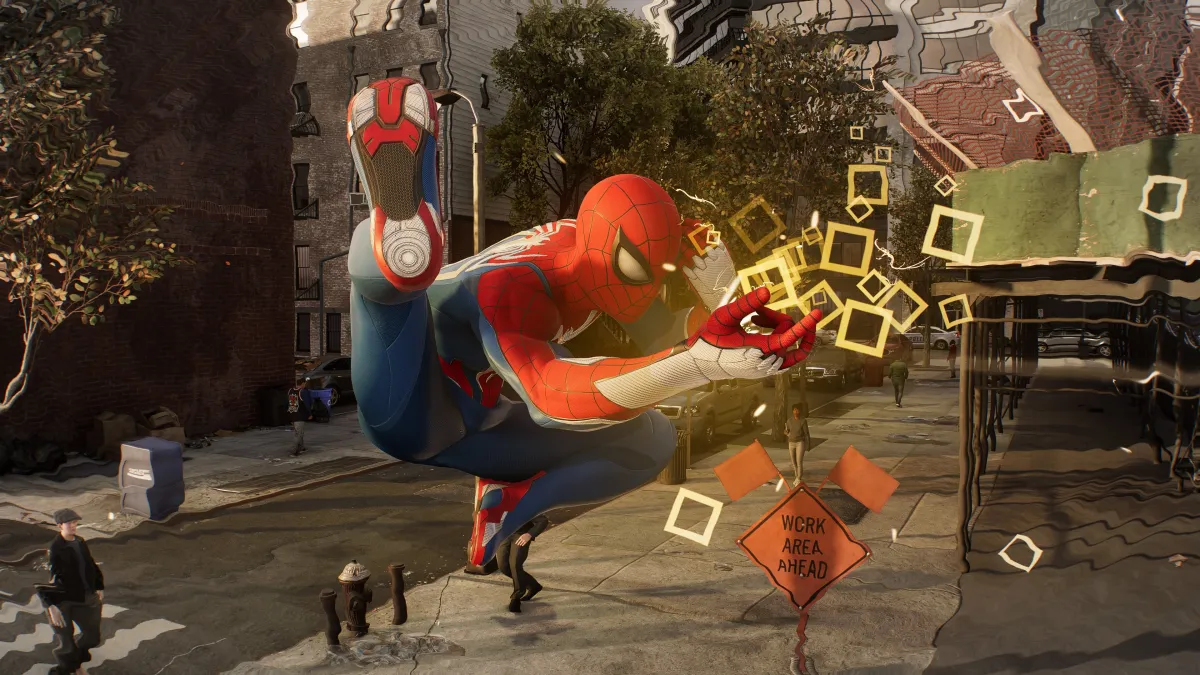 Spider-Man using the golden webshooters in Spider-Man 2