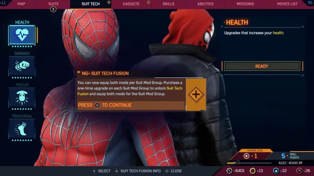 The Suit Tech menu in Spider-Man 2, showing off the new Suit Tech Fusion option.