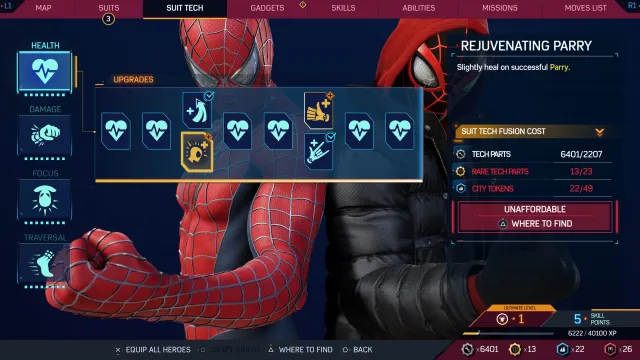 The Suit Tech menu in Spider-Man 2, showing off the new Suit Tech Fusion option in greater detail.