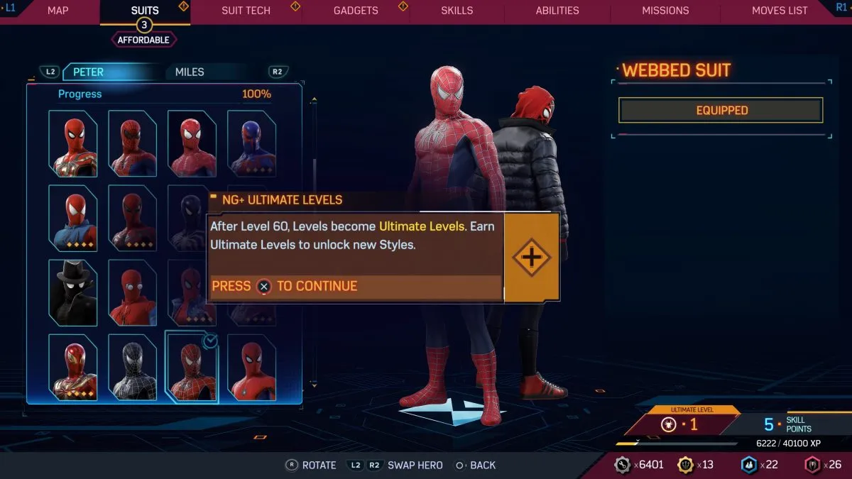 The Suits menu in Spider-Man 2, showing off the new Ultimate Levels option