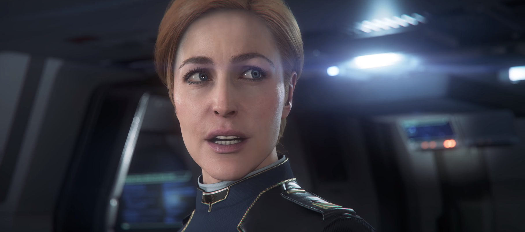 An in game image of Gillian Anderson's character in Squadron 42