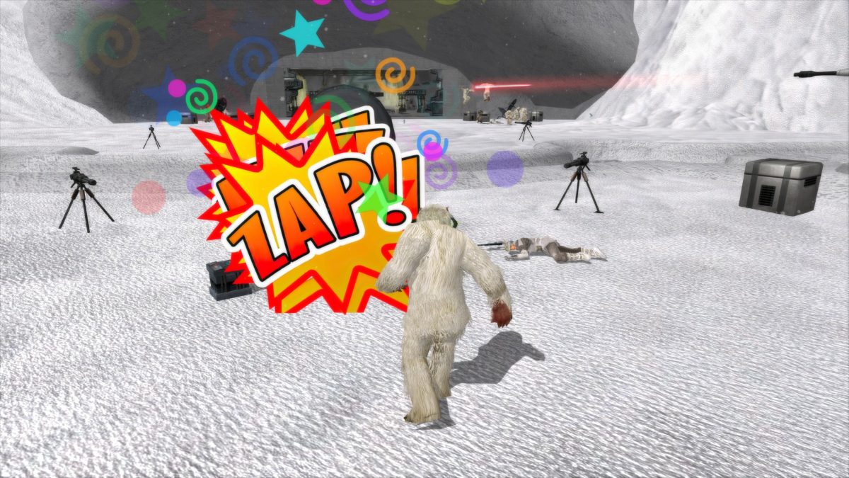 A comic book effect over a Wampa attacking a Rebel soldier in Star Wars Battlefront Classic.