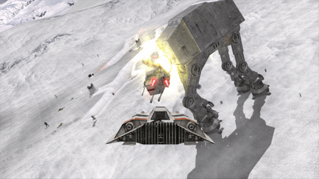 A Rebel snowspeeder firing at an AT-AT weak spot on Hoth in Star Wars Battlefront Classic.