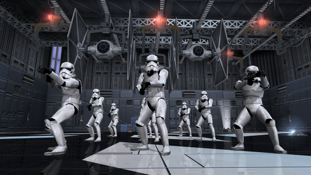 Stormtroopers in the Death Star hangar in Star Wars Battlefront Classic.