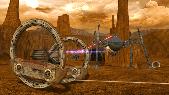 Two CIS armored vehicles firing on Geonosis in Star Wars Battlefront Classic.