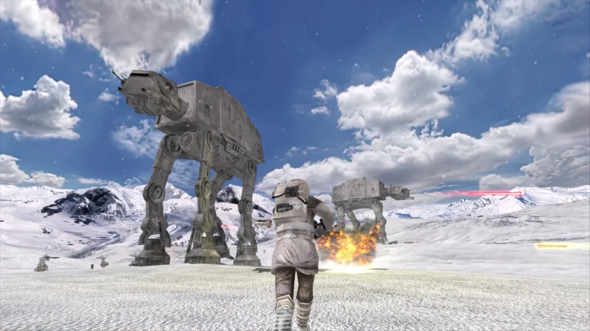 A Rebel soldier charges towards an AT-AT on Hoth in Star Wars Battlefront Clssic.