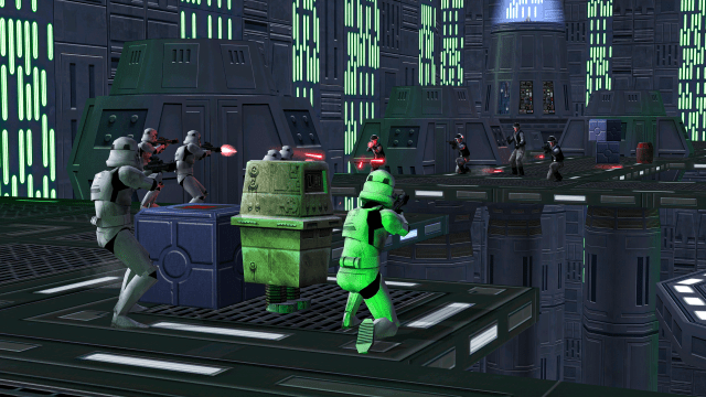 Imperial and Rebel forces fire at each other inside the Death Star in Star Wars: Battlefront Classic.