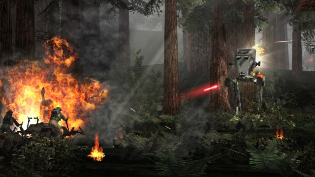 An AT-ST firing lazers at enemies on bikes in a forest.