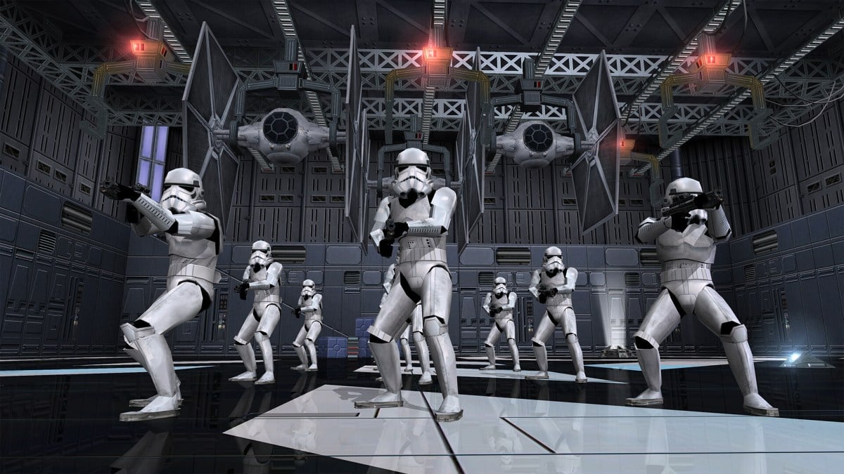 A group of Stormtroopers holding guns, facing forward.