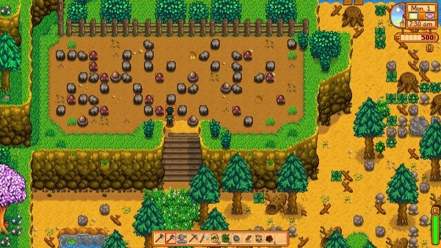 Stone, ore, and geodes on the Hill-top farm in Stardew Valley.