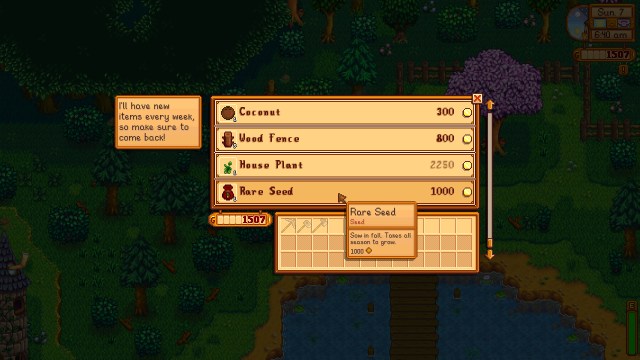 A Rare Seed for sale at the Traveling Cart in Stardew Valley.