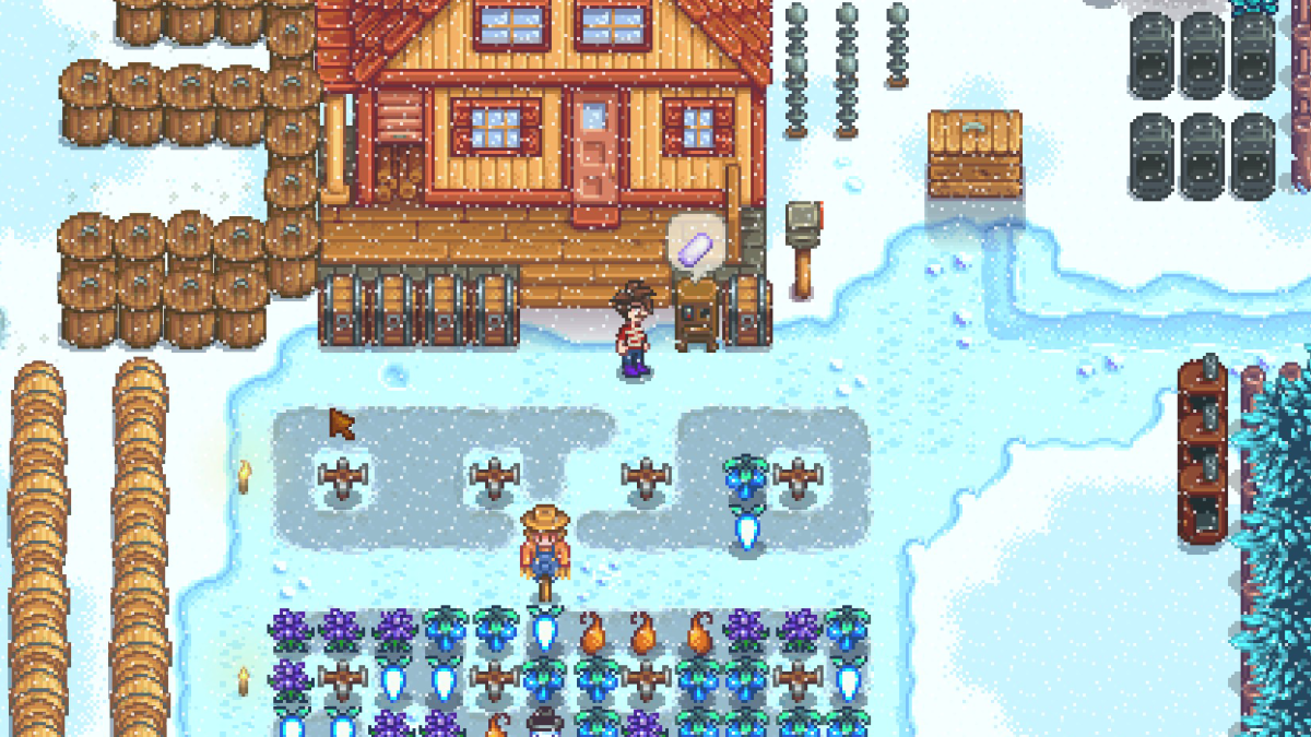 Refined Quartz being made at a recycler in winter in Stardew Valley