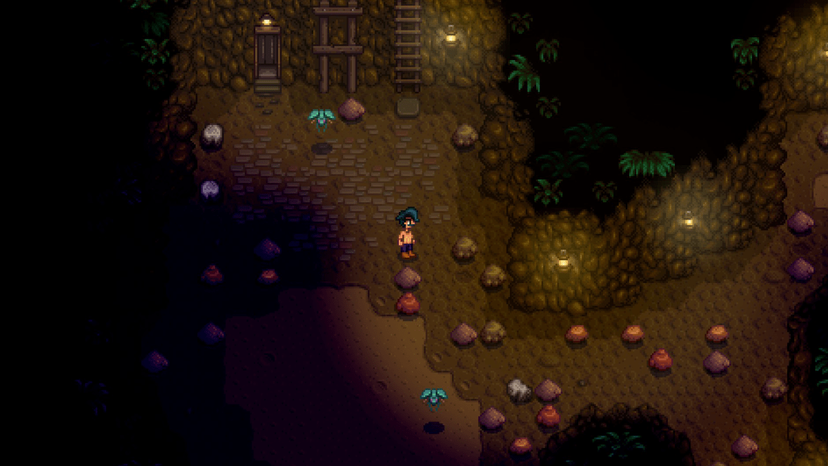 The Mines interior with stones and geodes and bugs in Stardew Valley.