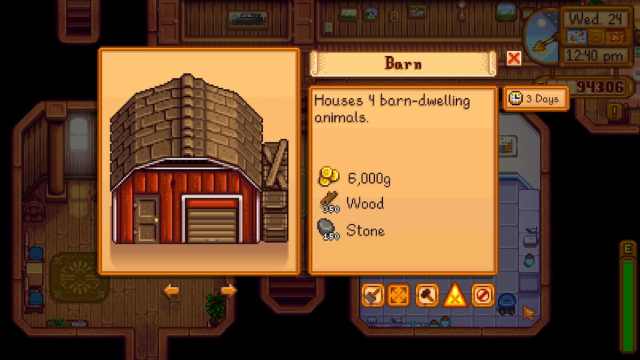 Barn requirements in Stardew Valley.