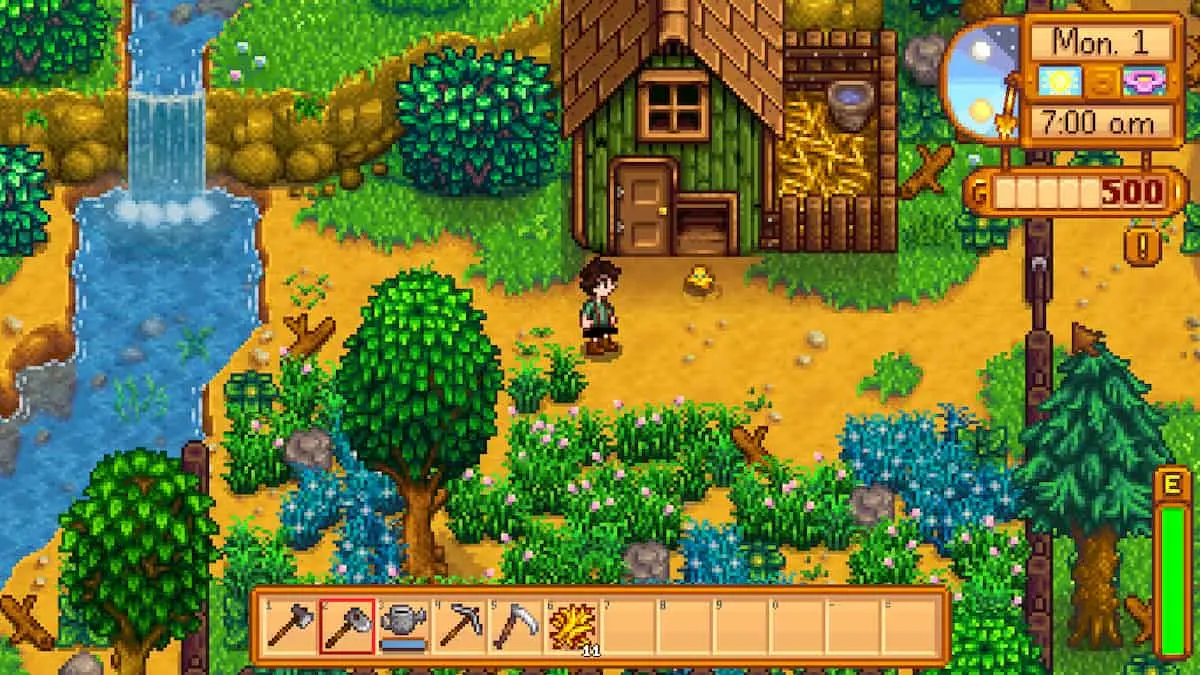 A player seeing a baby chicken leaving the coop in Stardew Valley.