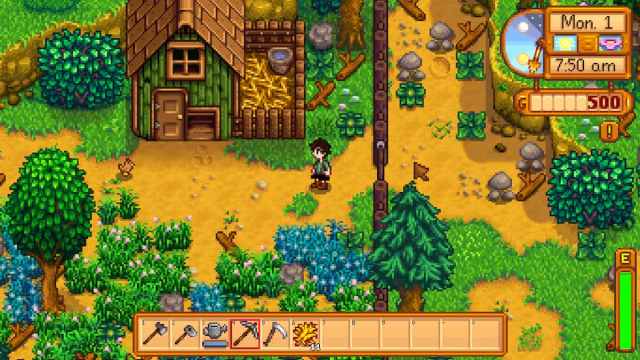 Stardew valley player near the coop in Meadowlands farm.