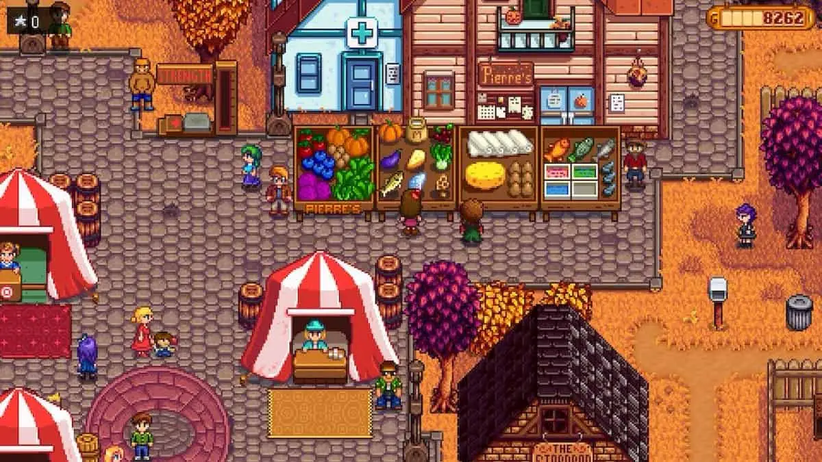 The player standing by the Grange Display during the Stardew Valley Fair.