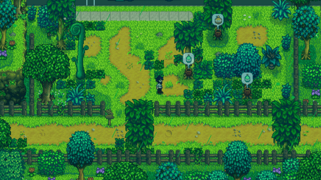 Overgrowth caused by green rain in Stardew Valley.