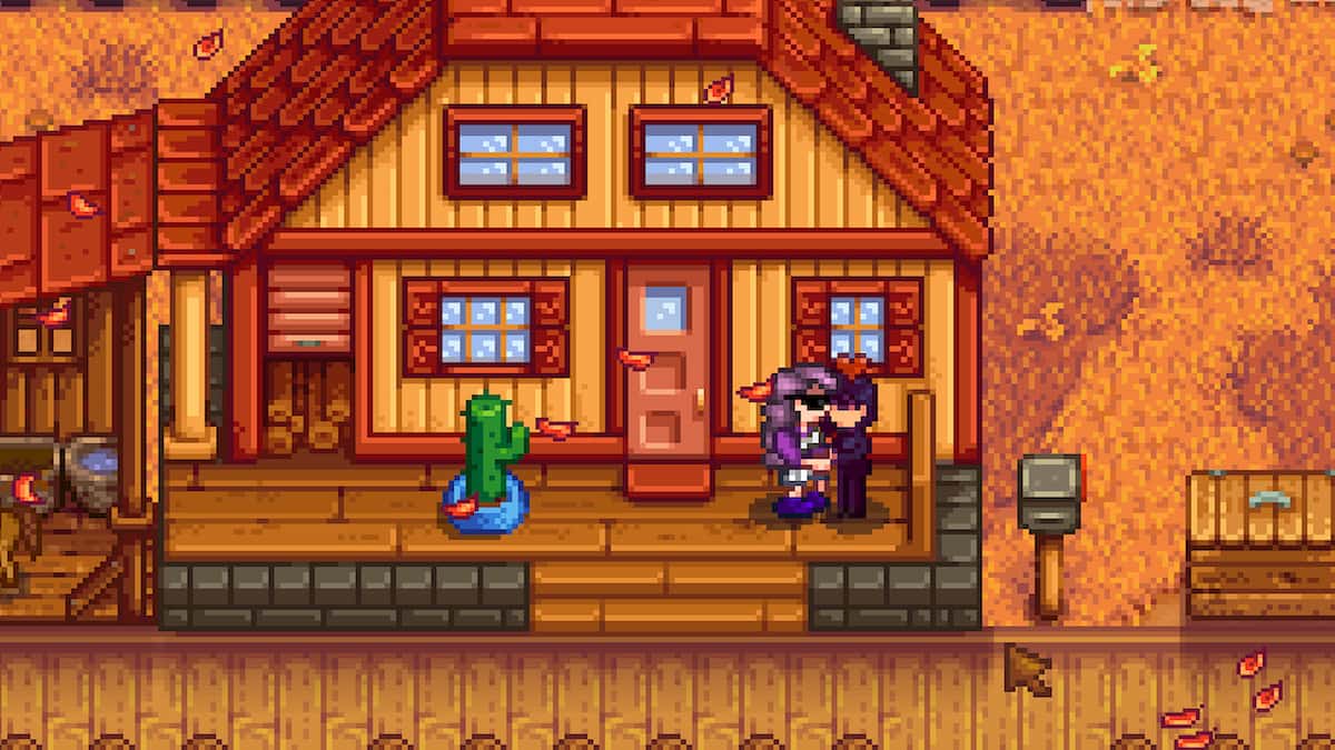 Sebastian kissing the player in front in the farmhouse's porch