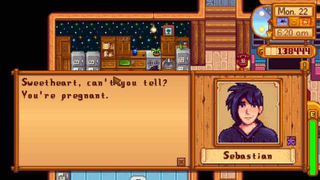 Sebastian telling the player they are pregnant.
