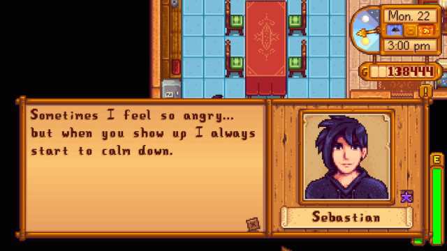 Sebastian saying he calms down when he sees the player.