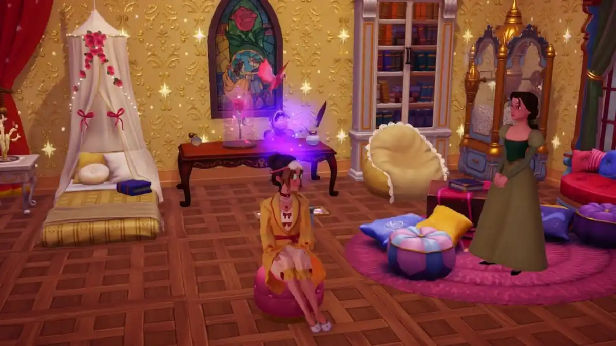 The player relaxing in a room with Belle using assets from the Starlight House Bundle.