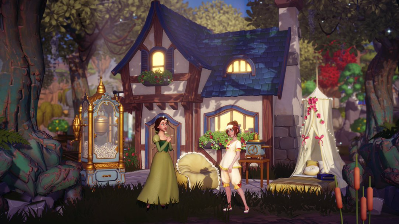 The player standing with Belle surrounded by some of the Starlight House Bundle items in Disney Dreamlight Valley.
