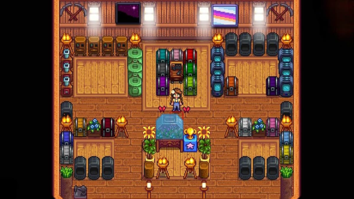 A storage room packed with chests in Stardew Valley.