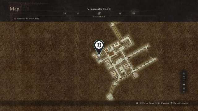 The Vernworth Castle second floor map with Sven's Chambers marked by a Dot Esports pin.