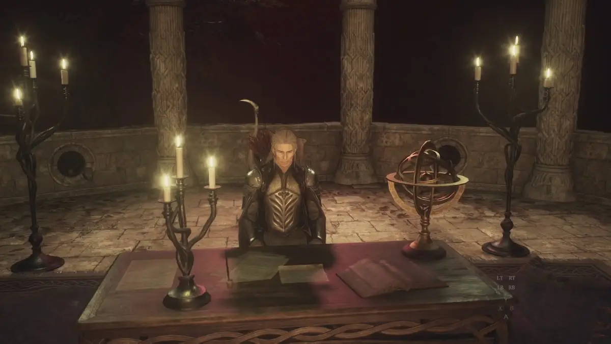 A screenshot of Taliesin by his desk in Dragon's Dogma 2.