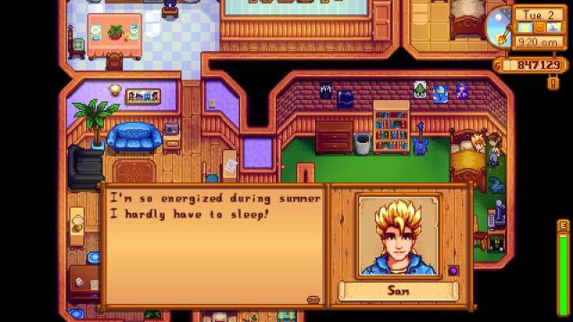 The player talking with Sam in Stardew Valley.