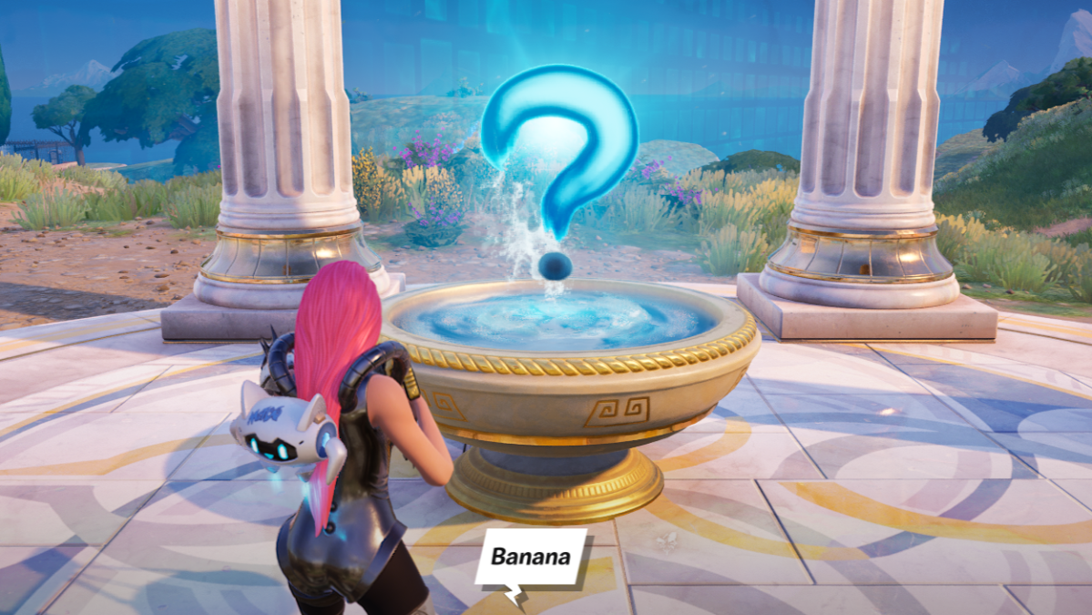 The player working on the Test of Wisdom in Fortnite.