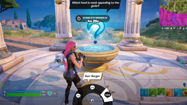 The player choosing between answers during the Test of Wisdom in Fortnite.