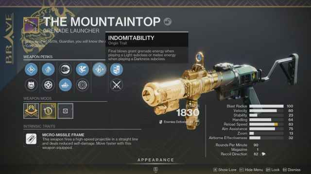 The Mountaintop grenade launcher from Destiny 2.