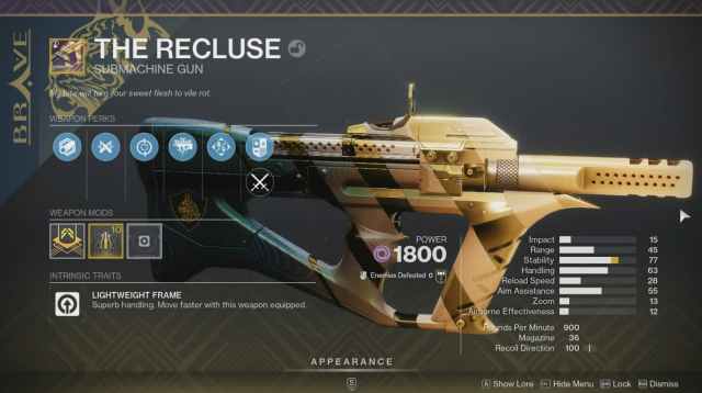 The Recluse SMG from Destiny 2.