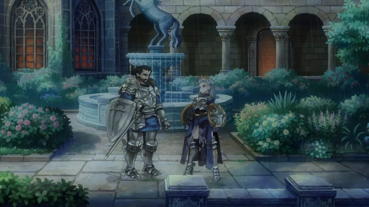 Ilenia and Josef talking in the castle in Unicorn Overlord.