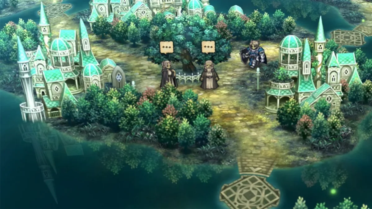 A screenshot of the Unicorn Overlord characters in a town with buildings in tones of green and blue.