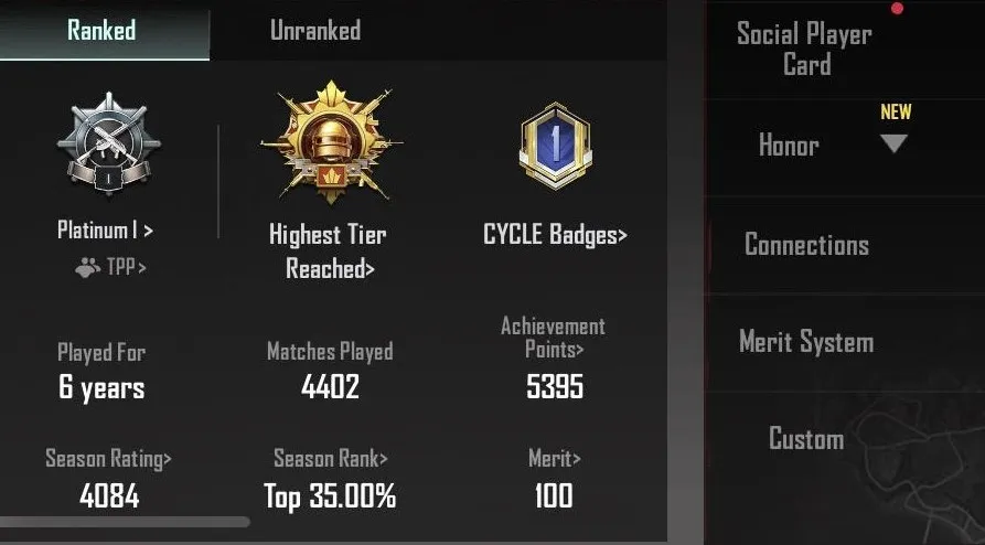 Screenshot of a player's ranked stats in PUBG Mobile