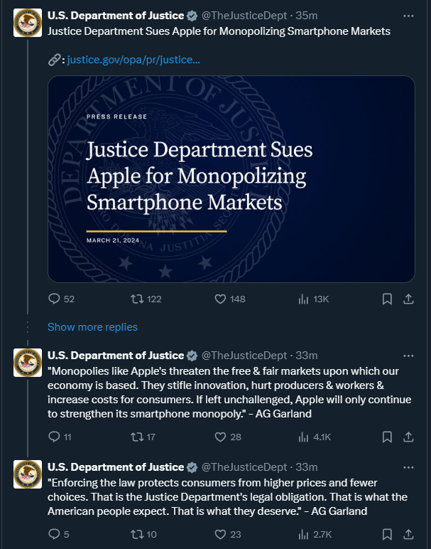 The United States Department of Justice announcement of antitrust lawsuit versus Apple, featuring comments from Attorney General Merrick Garland.