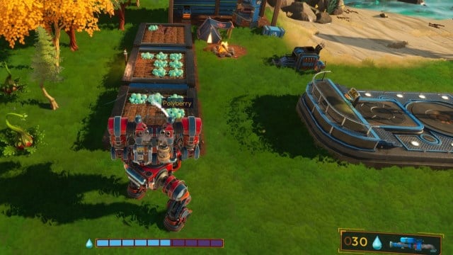 Using a Mech to water crops in Lightyear Frontier.