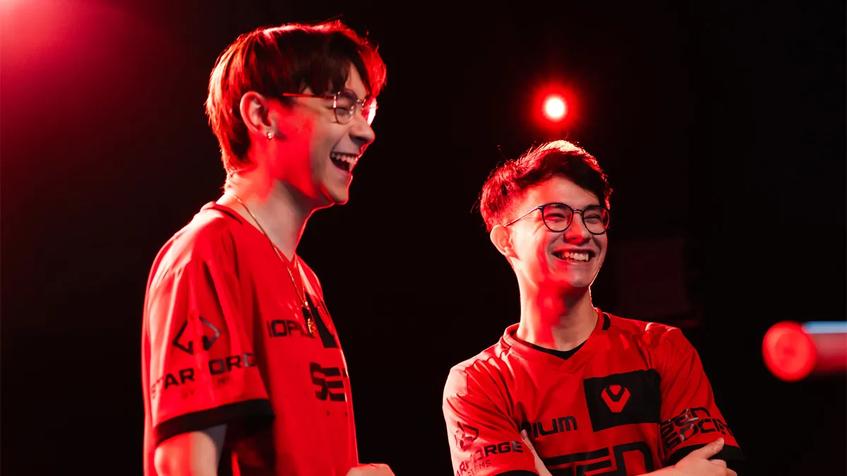 Sentinels players zekken and TenZ laugh on stage at VCT Americas Kickoff 2024.