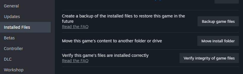 Steam's Intalled Files folder, showing the "Verify the game files" button.