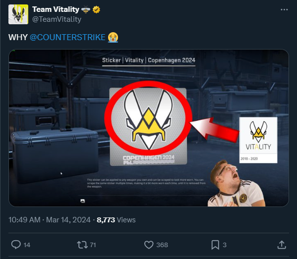 X post from Team Vitality about their old logo being used for the PGL Copenhagen CS2 major stickers.