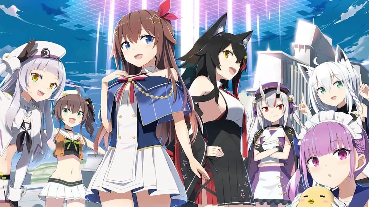 Hololive Vtubers characters stand in a group.
