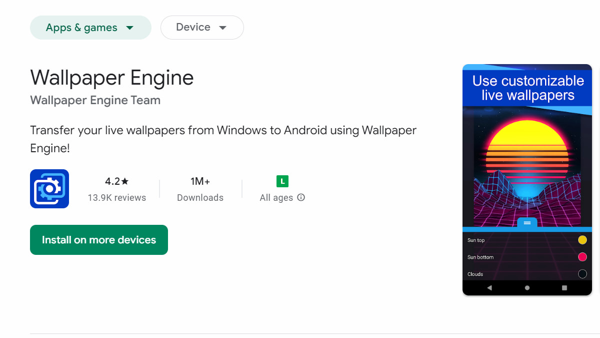 The Wallpaper Engine page on Google Play.